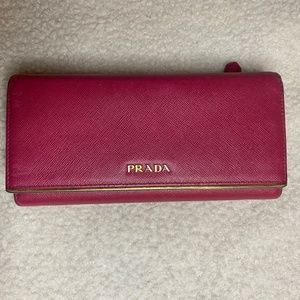 Prada Hot Pink Gold Logo Saffiano Leather Long Wallet Bar Flap Continental